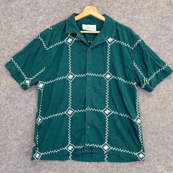 Abercrombie & Fitch Summer Linen Blend Button Shirt Mens Large Embroidered Check - Picture 1 of 10